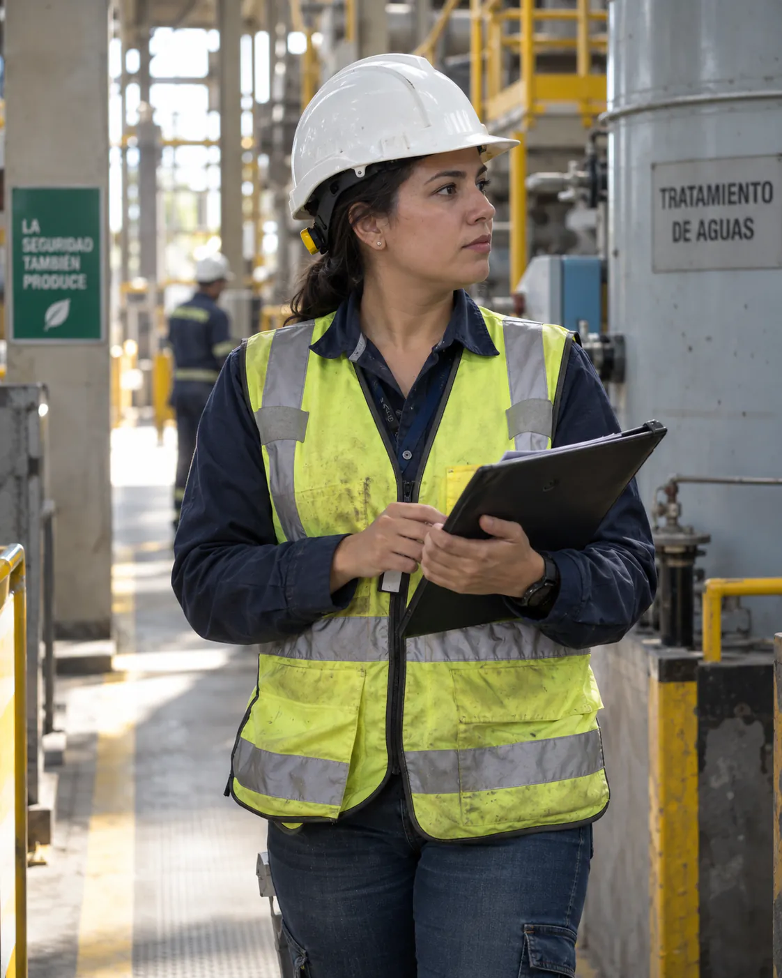 Profesional de seguridad y salud en el trabajo durante una inspección en una planta de tratamiento de aguas