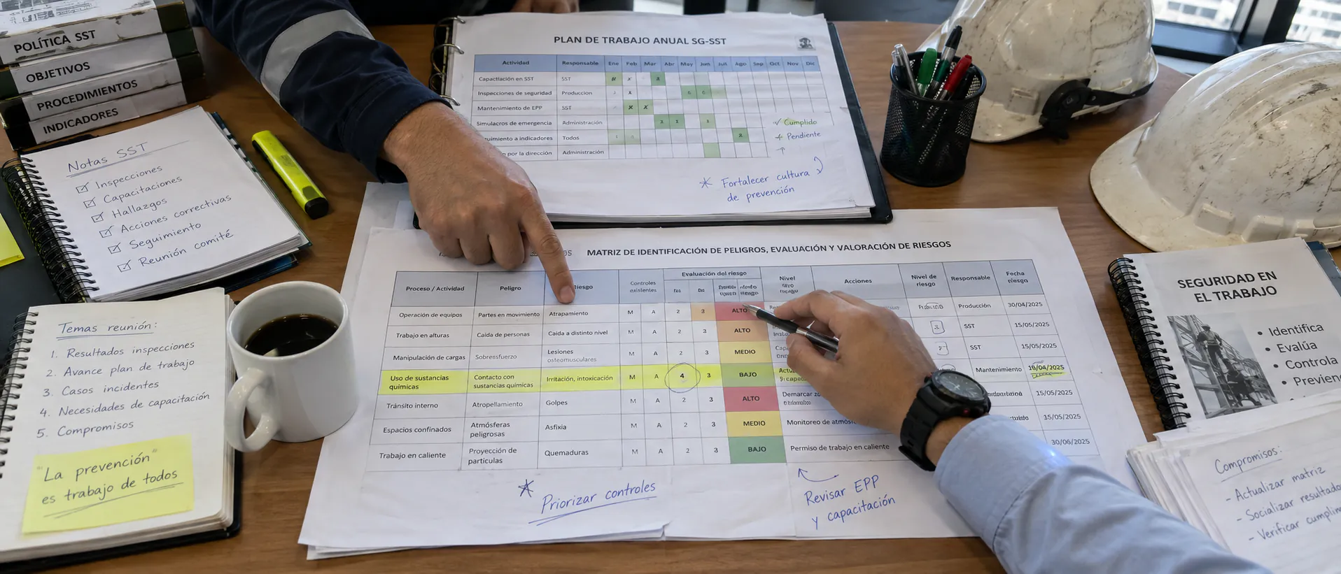 Matriz de peligros y plan anual de trabajo del SG-SST sobre una mesa, revisados por dos personas