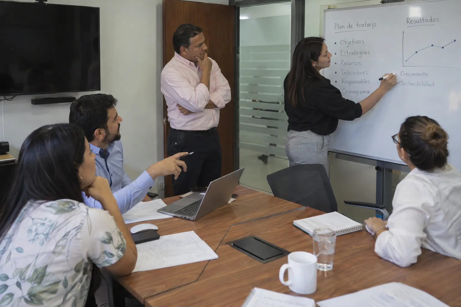 Equipo de trabajo en una reunión frente a un tablero con el plan de trabajo y los resultados